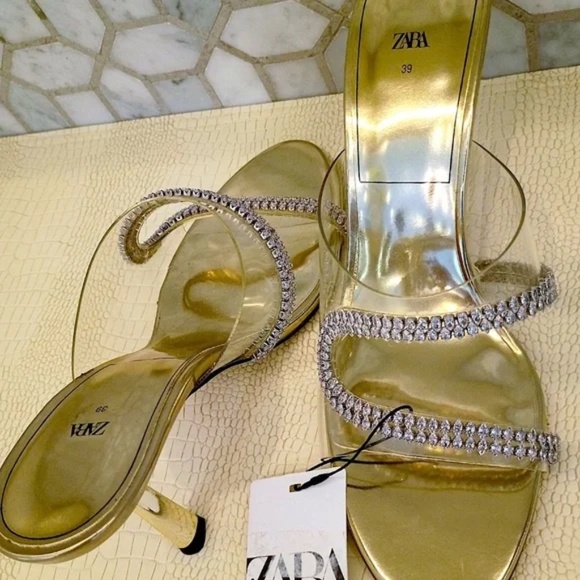 💋 Zara Gold Heels with Rhinestones *NEW 39 - Picture 2 of 10
